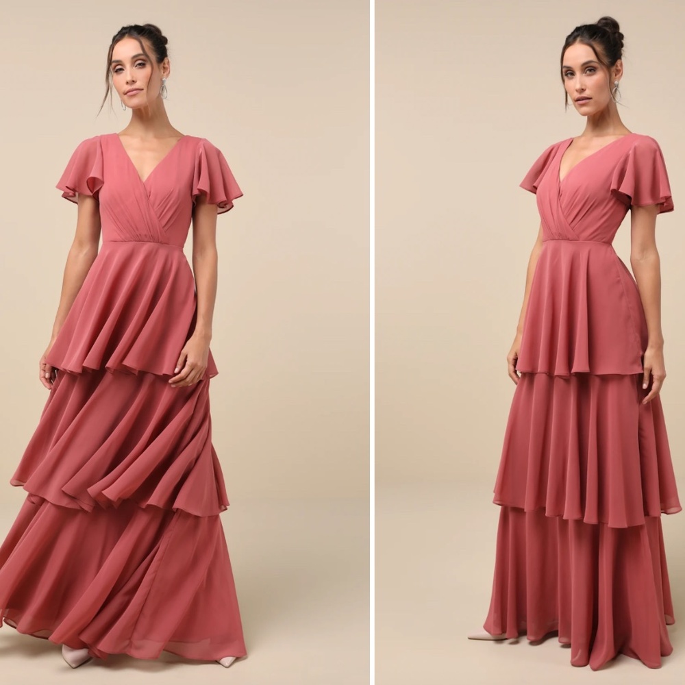 Lulus Sincerely Exquisite Rusty Rose Short Sleeve Tiered Maxi Dress Small